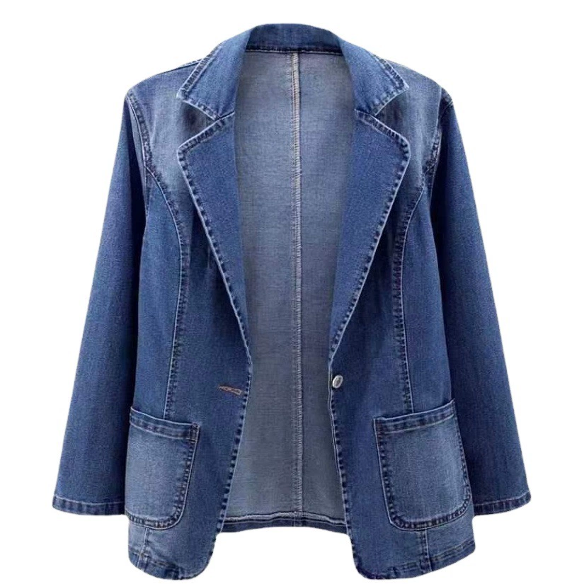 Весна и осень новое джинсовое пальто Женский приталенный костюм для похудения воротник сплошной цвет кардиган верхняя одежда на одной пуговице Топ Мода