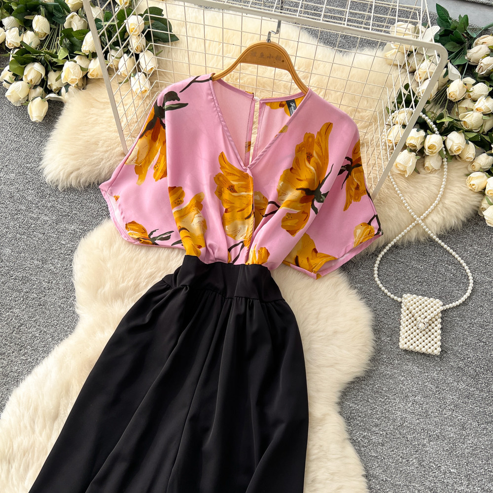 Korean Style Women's V Neck Jumpsuit High Waisted Wide Leg Pants Slimming Print Workwear Summer Elegant Long Romper_ecoleips.com