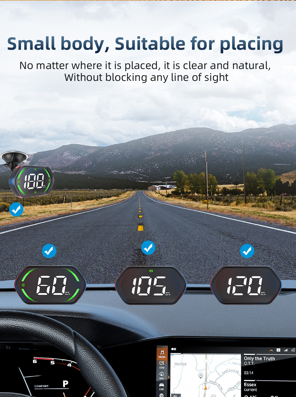 GPS car HUD head-up display with speed and over-speed warning, switchable between metric and imperial units, universal for all vehicles, G22