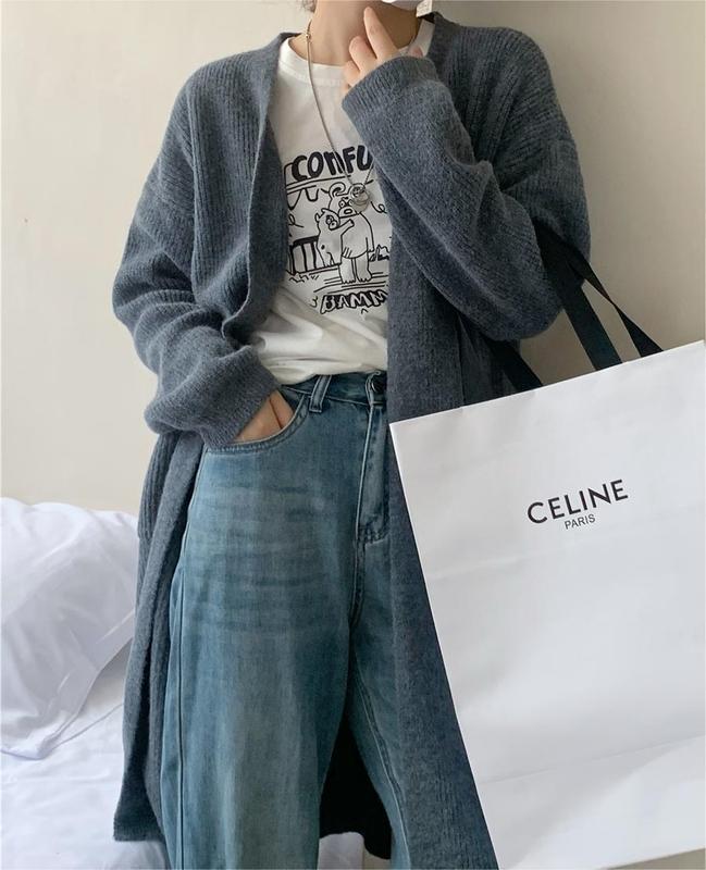 韩版中长款针织开衫女秋冬新款宽松慵懒风大口袋气质软糯毛衣外套|undefined
