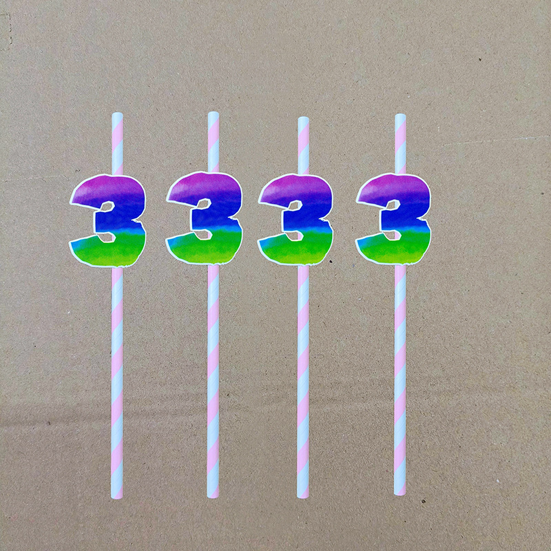 Decoración de fiesta digital colorida paja tarjeta de pastel de cumpleaños desechable paja de papel degradable 0 - 9 años