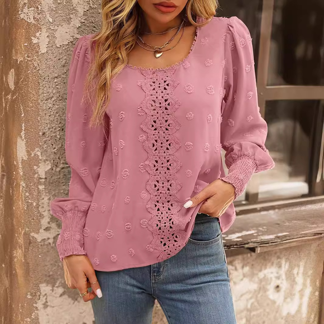 Comercio exterior transfronterizo ropa de mujer Amazon europeo y americano cuello redondo manga de soplo gran Polka Dot costura encaje pull temperamento camisa image 4