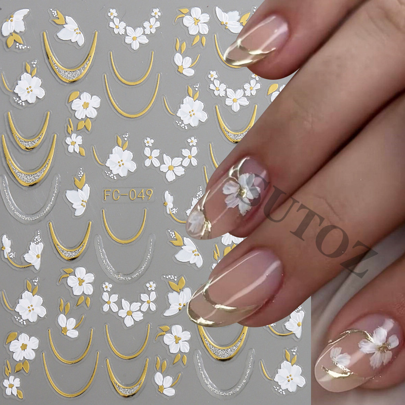 French-Style Gold-Stamped Light Luxury Nail Stickers, White Flowers and Golden Branches, Curved Lines with Delicate Edges, Exquisite Nail Decoration Stickers French-Style Gold-Stamped Light Luxury Nail Stickers, White Flowers and Golden Branches, Curved Lines with Delicate Edges, Exquisite Nail Decoration Stickers