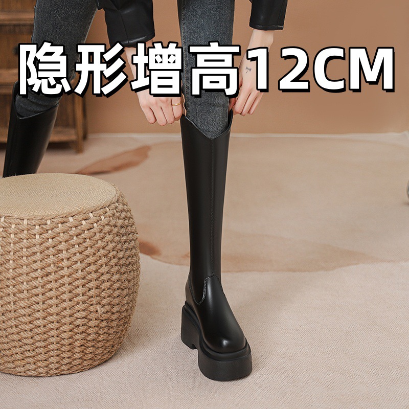 여성 부츠 2024 가을과 겨울 새로운 작은 높이 12cm 두께 바닥 높이지만 무릎 기사 부츠