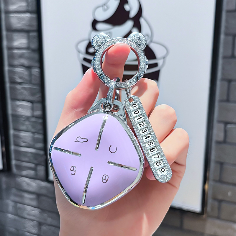 Chery J 모델 - 스마트 4버튼 [싱글 쉘 퍼플] + 실버 우주 비행사 다이아몬드 버클 + 실버 번호판