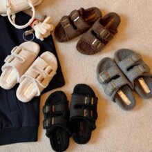 羊毛版~厚底加绒毛毛勃肯拖鞋女2025秋冬新款双排扣懒人外穿拖鞋