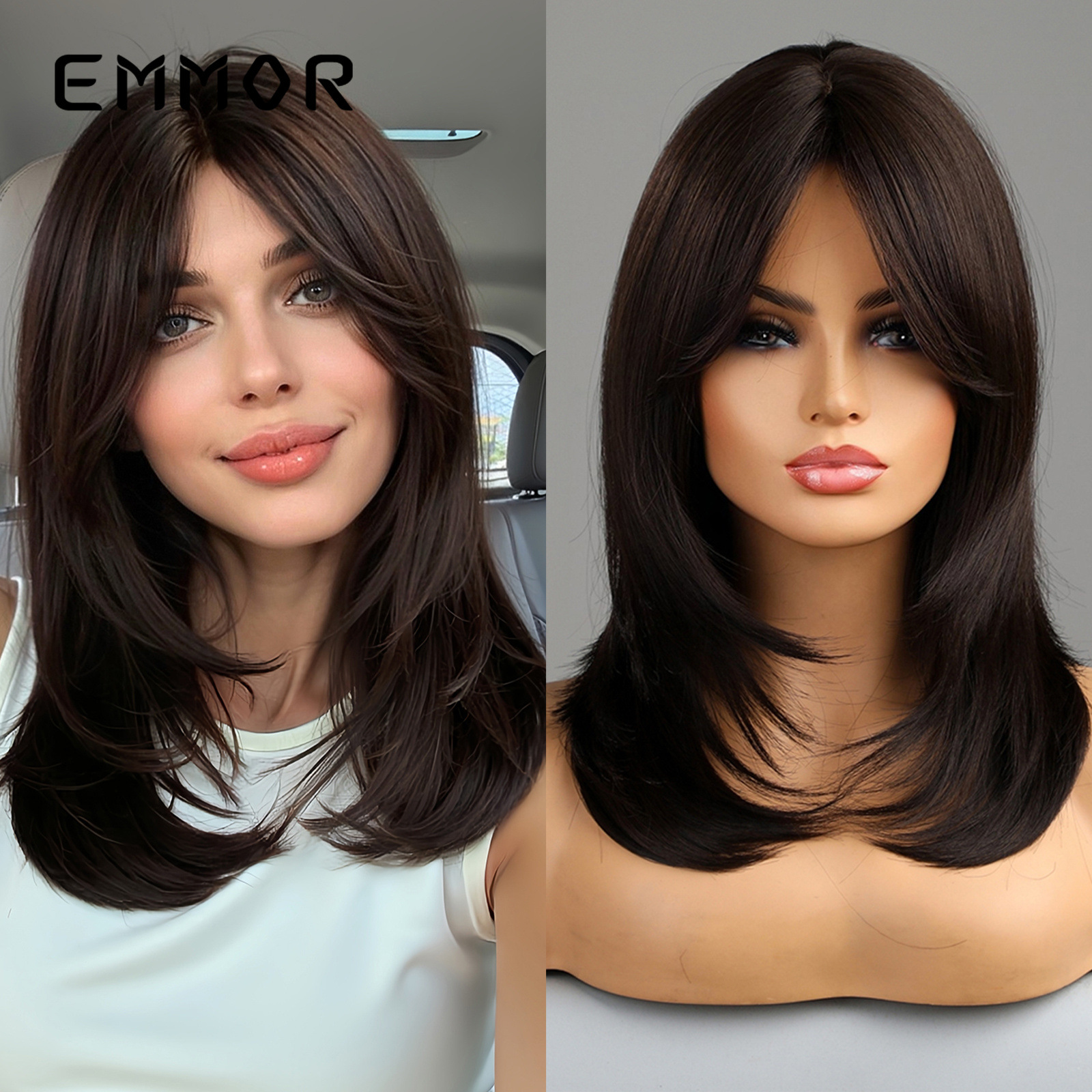 Peluca de mujer forma de cabello largo cubierta de cabeza completa natural Estilo de celebridad de Internet cara redonda clavícula Pelo Largo simulación de reducción de edad Peluca de longitud media