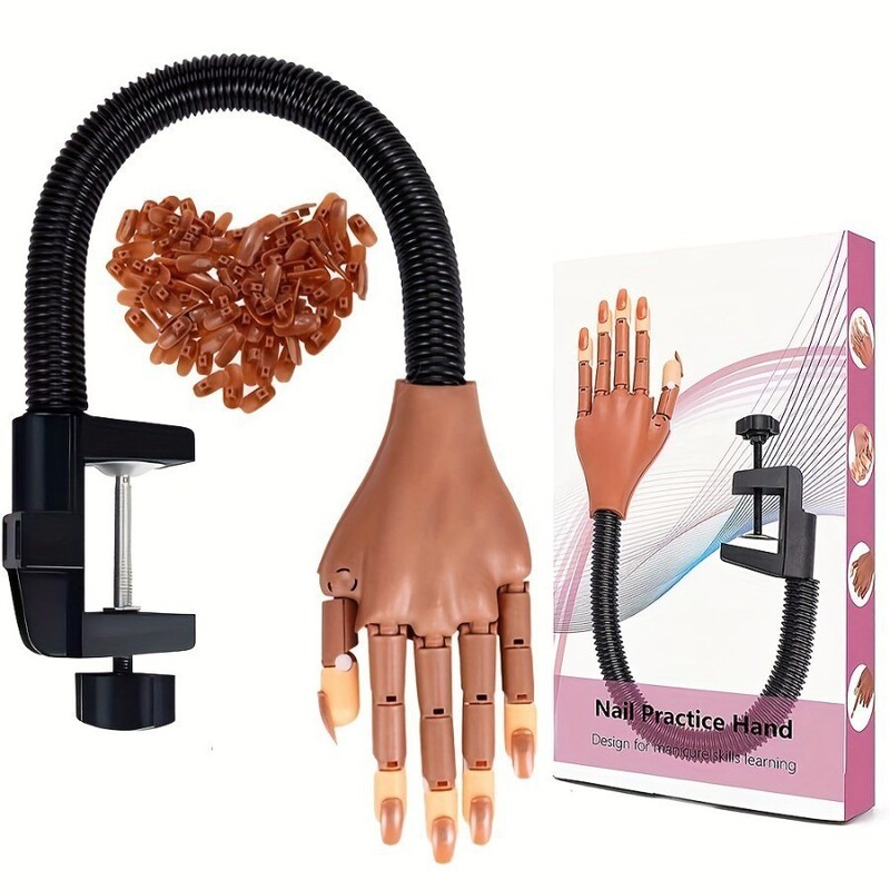 Nail Art Joint Practice Prosthetic Hand, Mechanical Hand, Bendable Movable Model Prosthetic Hand with Stand, Includes 100 Nail Tips