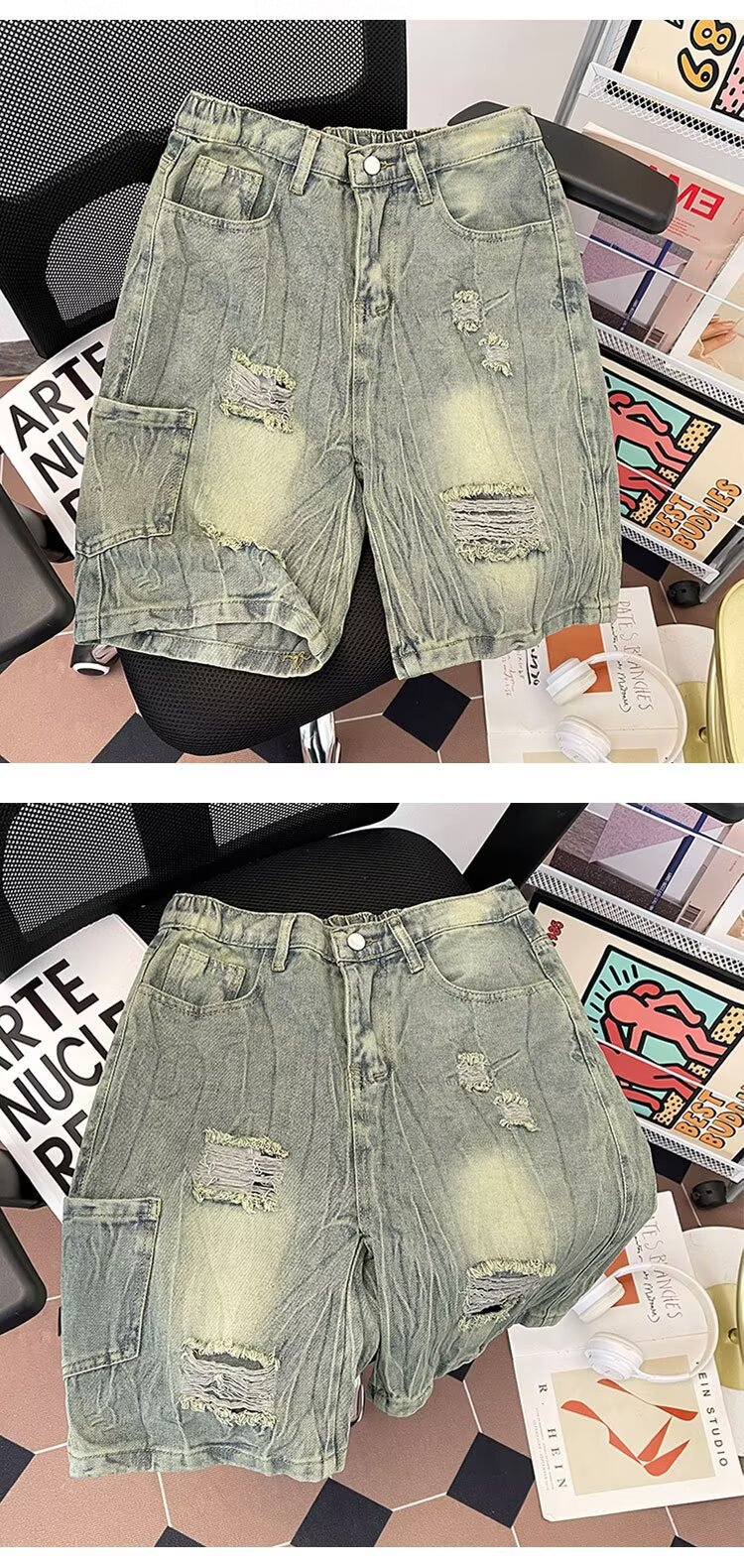 Men's Trendy Distressed Denim Shorts Summer Loose Fitting Washed Five Quarter Length Pants Street Style Trousers_mkmklike.com