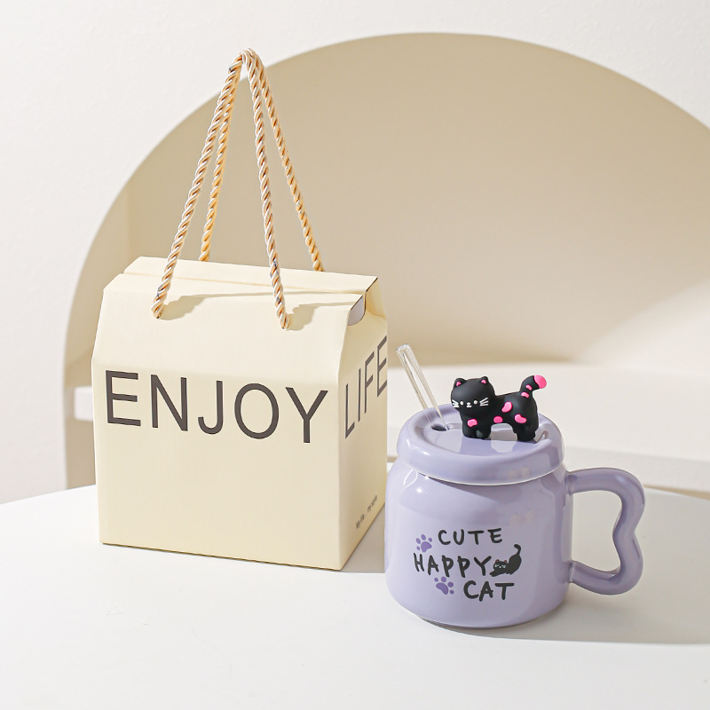 Taza de paja de dibujos animados de gato lindo suave Taza de oficina de alto valor con tapa Taza de pareja casera Taza de desayuno