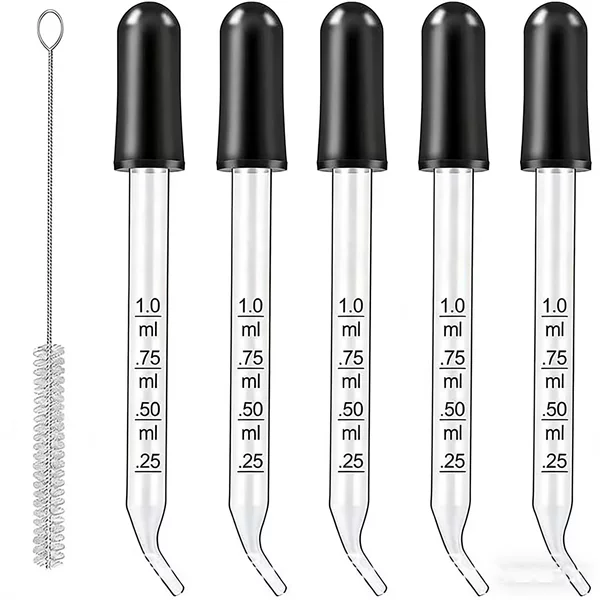 Cross-Border Glass Dropper 1ml with Black Rubber Tip, Straight and Curved Glass Graduated Dropper with Straight Rubber Tip 1ml