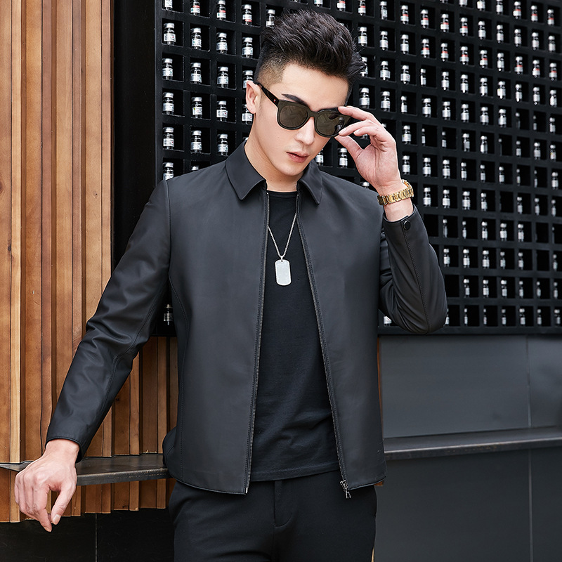 Spring and Autumn New Middle-aged Genuine Leather Sheepskin Leather Clothing Men's Lapel Business Casual Thin Single Leather Jacket Coat