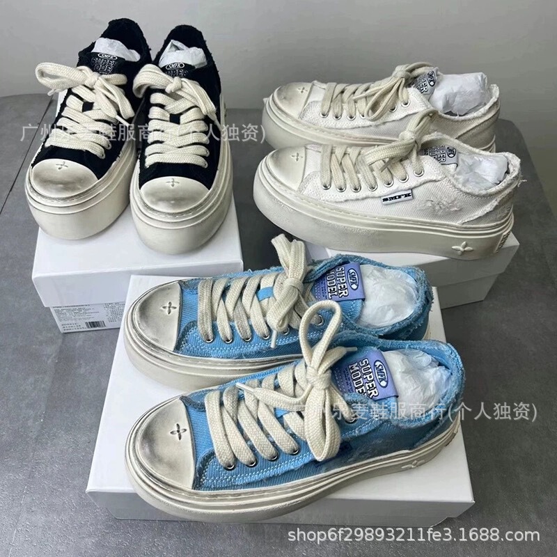 高品质十字花1.0擦色做旧脏脏鞋xsmfk复古厚底增高休闲滑板帆布鞋|undefined