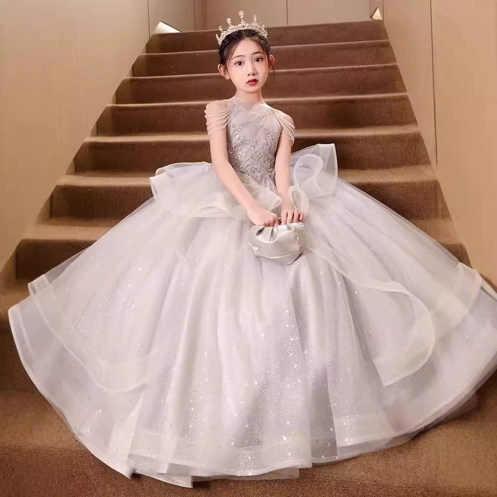 Детское летнее роскошное платье для торжественных случаев, дизайнерское, высококачественное, в стиле подиумных показов, платье принцессы, костюм для выступления пианистки.