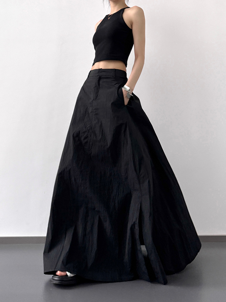 American Workwear Skirt for Women Summer High-Waisted Retro Side Slit Pleated A-Line Hip-Covering Mid-Length Sports Style Straight