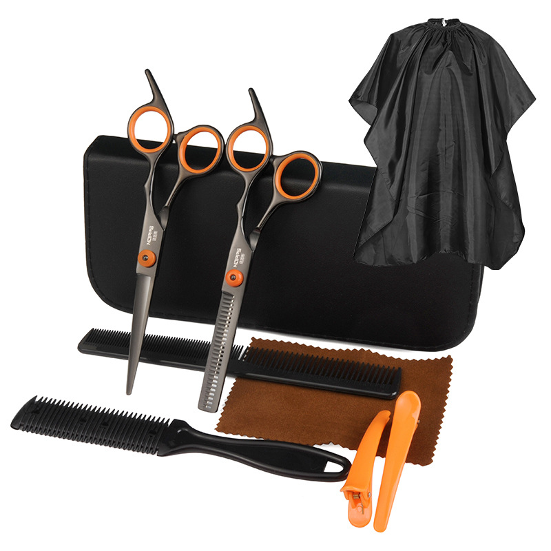 Negro naranja corte de pelo profesional tijeras de pelo Bangs artefacto corte plano corte fino traje tijeras de pelo femenino