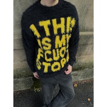 秋冬新款美式国潮字母提花圆领马海毛情侣毛衣宽松男女针织衫上衣