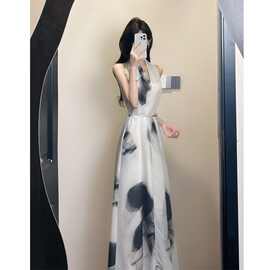 新中式国风水墨印花无袖V领连衣裙子女夏2025新款高级感气质长裙