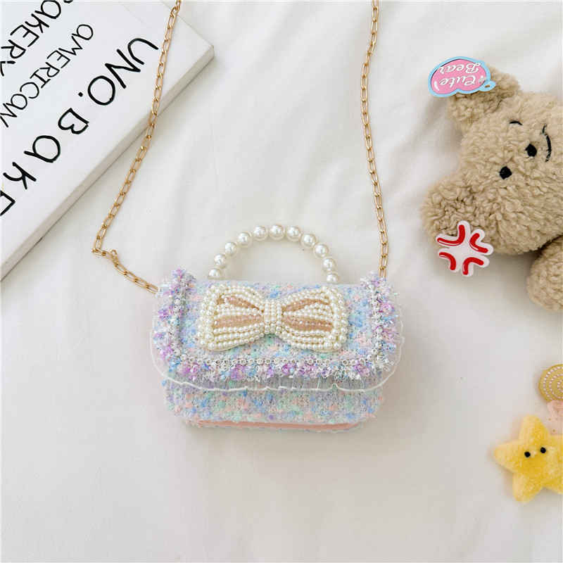 Colorido lentejuelas de los niños bolsa arco accesorios princesa estilo occidental perla bolso coreano mini cadena mensajero bolsa