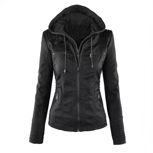New Arrival European & American Style Women's Detachable Lapel Long-Sleeve Solid-Color Zip-Up Leather Jacket—Motorcycle-Inspired Outerwear