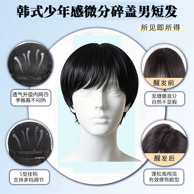かつらの男性のショートヘアの韓国版のハンサムな男性の微分は男性の日常の自然な男性のタイプの全体のカバーの式の全体のトップを覆います。|undefined