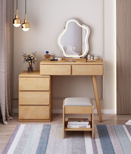 Light Luxury Solid Wood Dressing Table with Mobile Chest of Drawers, Integrated Makeup Desk, Simple & Multi-Functional Storage Cabinet, Plus Built-in Lighting