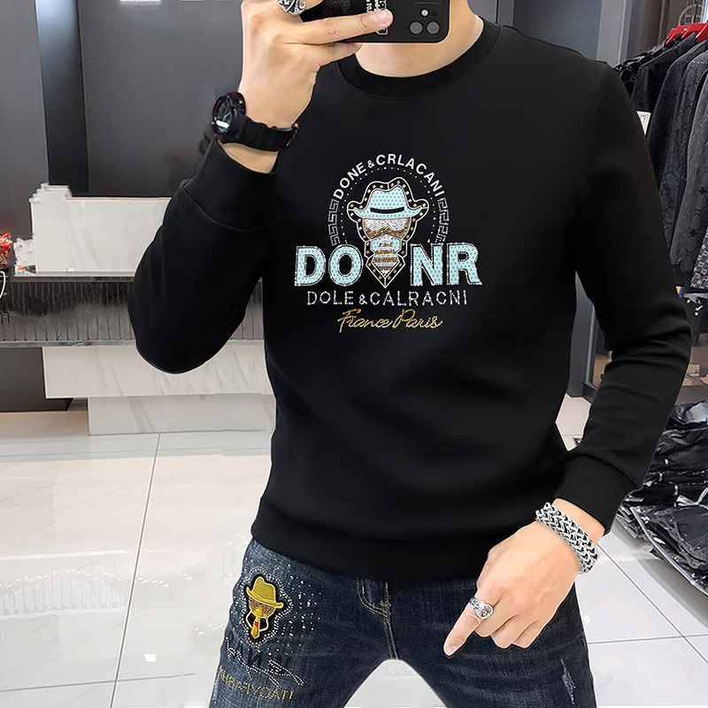 Felpa con cappuccio europea di lusso leggera di alta qualità con scollo tondo stampata con strass, casual, alla moda, da uomo, autunno e inverno_voghion.com