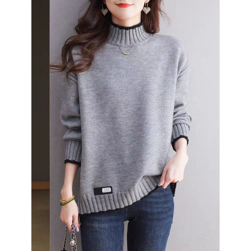 Playera de Punto con Cuello Medio Alto de Acrílico y Nailon Bloque de Color para Otoño e Invierno