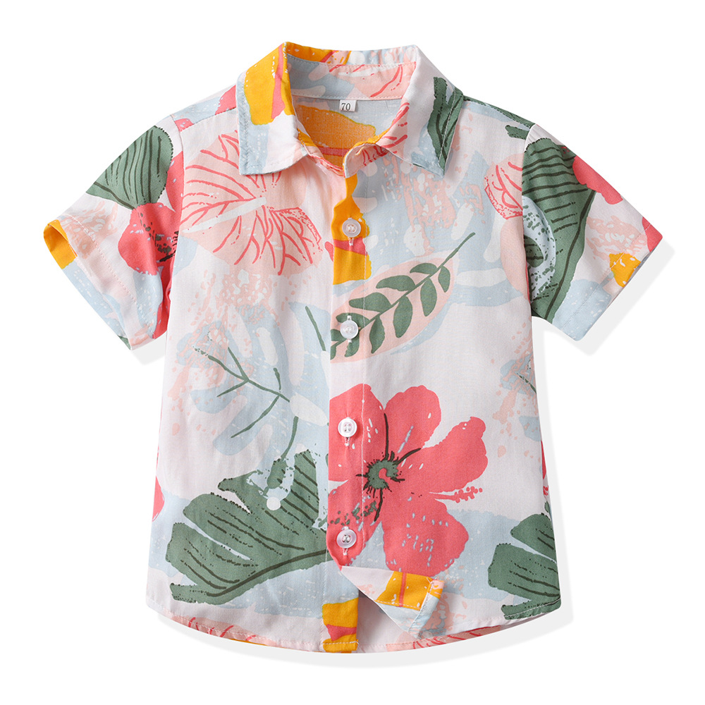 Camisas de comercio exterior para niños Cárdigan de solapa de flores de manga corta de verano 2025 para niños, tops de algodón casuales de todo fósforo, nueva ropa