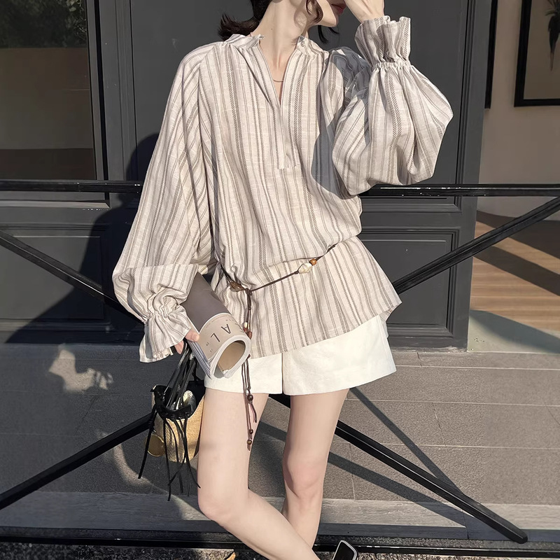 [First Release] Thirteen Lines Early Spring New French Style Linen Retro Flared Sleeve Striped Oversized Shirt for Women Csa087