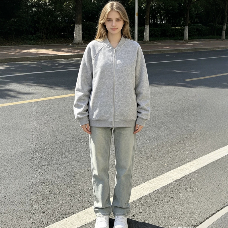 Autumn and winter trendy brand 420g solid color heavy thick cotton zip-up jacket baseball Japanese style loose drop-shoulder sweatshirt for women Autumn and winter trendy brand 420g solid color heavy thick cotton zip-up jacket baseball Japanese style loose drop-shoulder sweatshirt for women