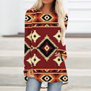 Amazon cross-border pullover long sleeve abstract retro pattern 3D printed loose round neck casual women's T-shirt skirt