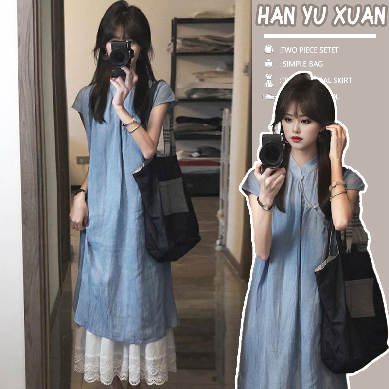 Maternity Wear Cheongsam Blue Dress 2026 New Style New Chinese Style National Style Zen Early Summer Outfit Set Long Dress Maternity Wear Cheongsam Blue Dress 2026 New Style New Chinese Style National Style Zen Early Summer Outfit Set Long Dress