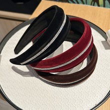 韩国复古酒红色丝绒发箍高颅顶宽边发卡高级感海绵水钻头箍头饰女