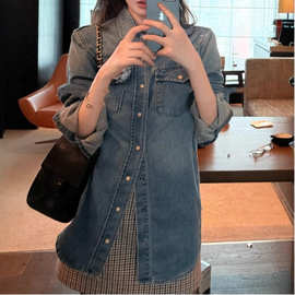 欧货软牛仔复古水洗蓝牛仔衬衫外套女秋冬宽松叠穿口袋衬衣