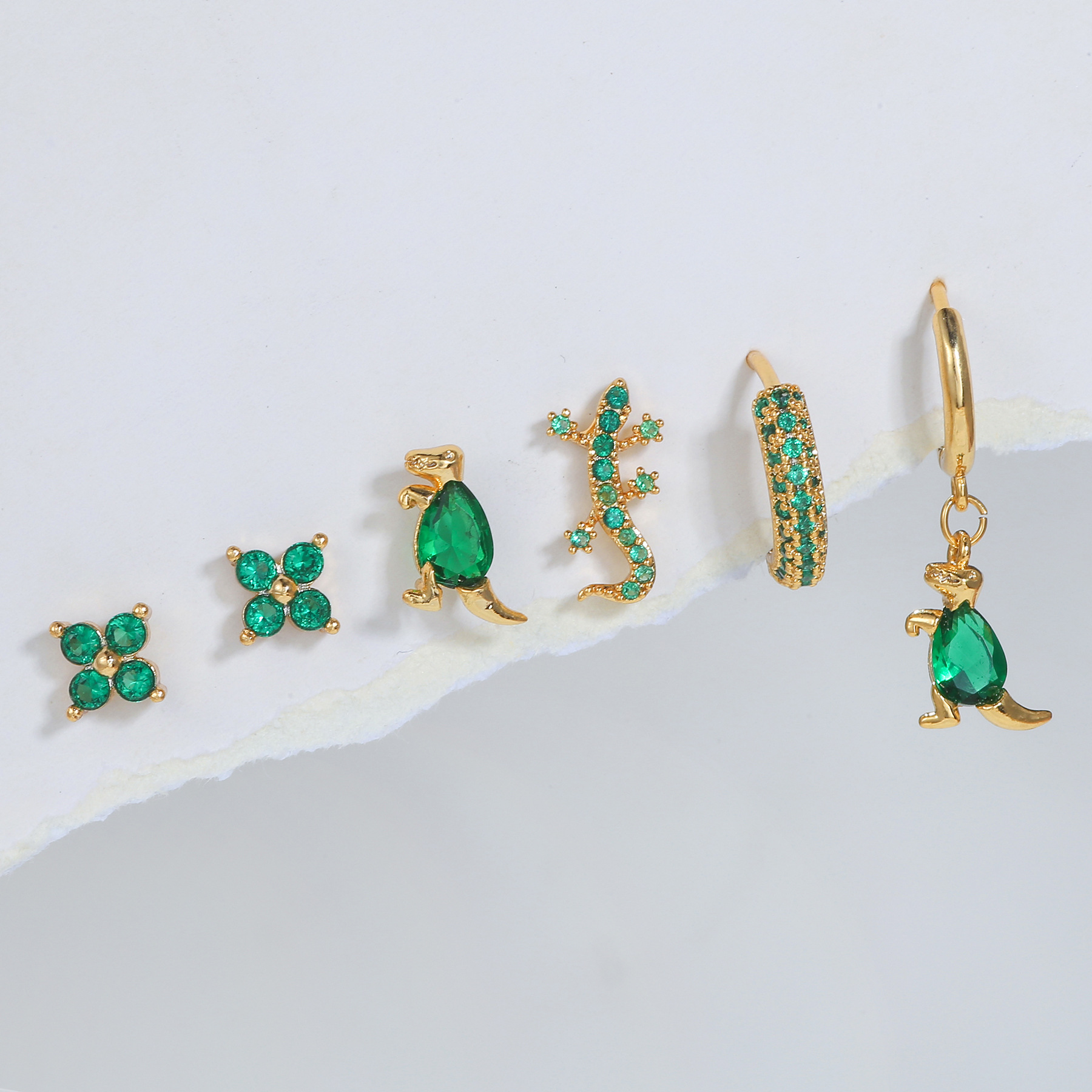 Fashion Dinosaur Copper Inlay Zircon Ear Studs 5 Pieces