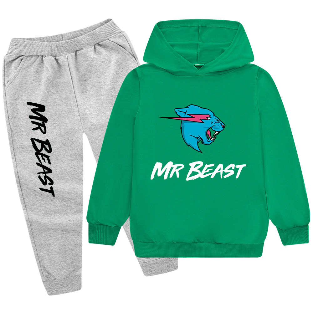 Testa di lupo MR BEAST Cartoon stampato set per ragazzi e bambini felpa con cappuccio maglione + pantaloni PB437_voghion.com
