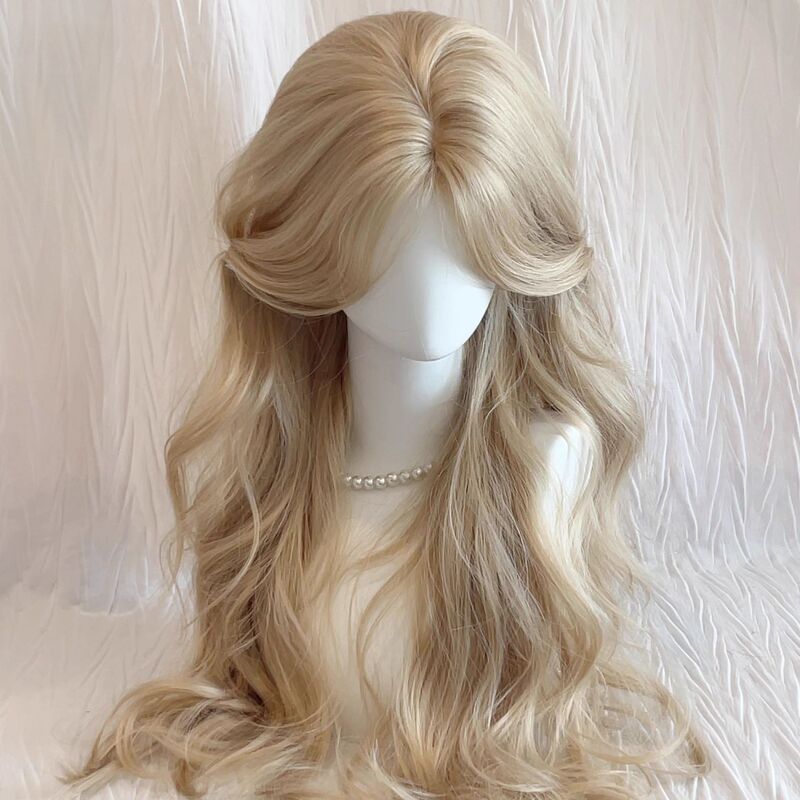 No Need for a Hairnet Wig for Women with a Middle Part, Long Curly Hair with Bangs, Platinum Color Hairpiece, Natural Full Headpiece