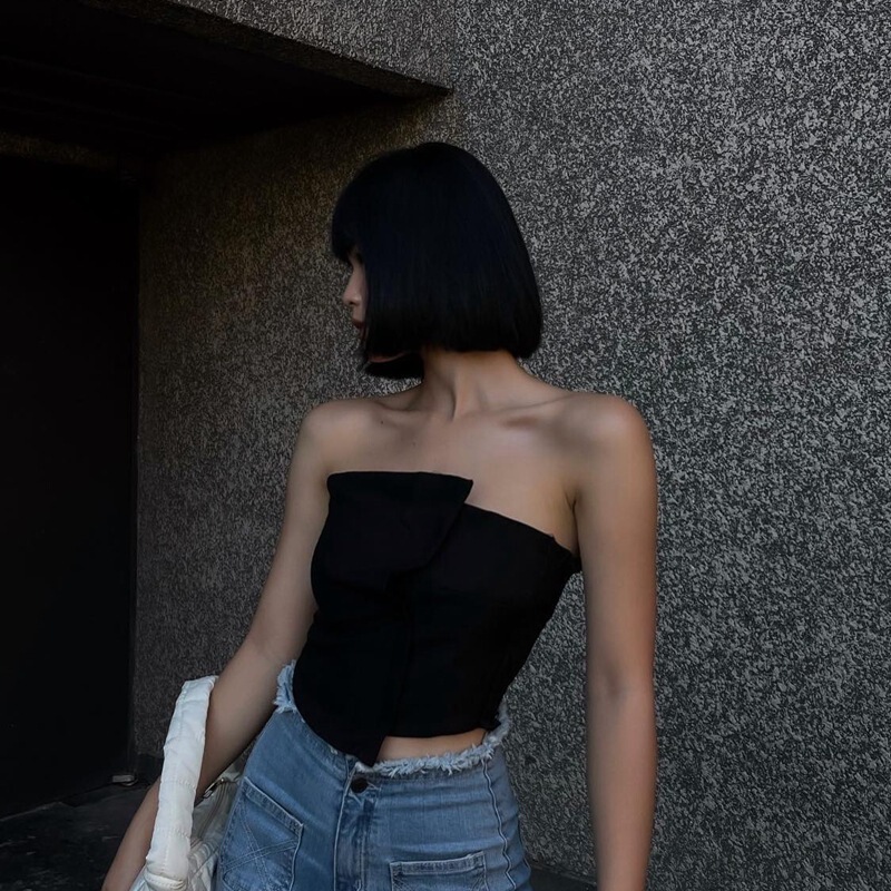 Hong Kong Style Vintage Backless Sexy Irregular Black Strapless Women's Solid Color Elegant Slim-fit Short Inner Top