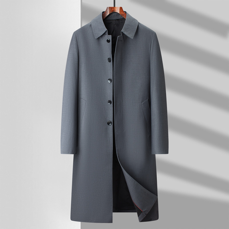 Men's trench coat, new spring and autumn style, business casual men's mid-length trench coat, solid color mid-length coat for middle-aged and elderly men.