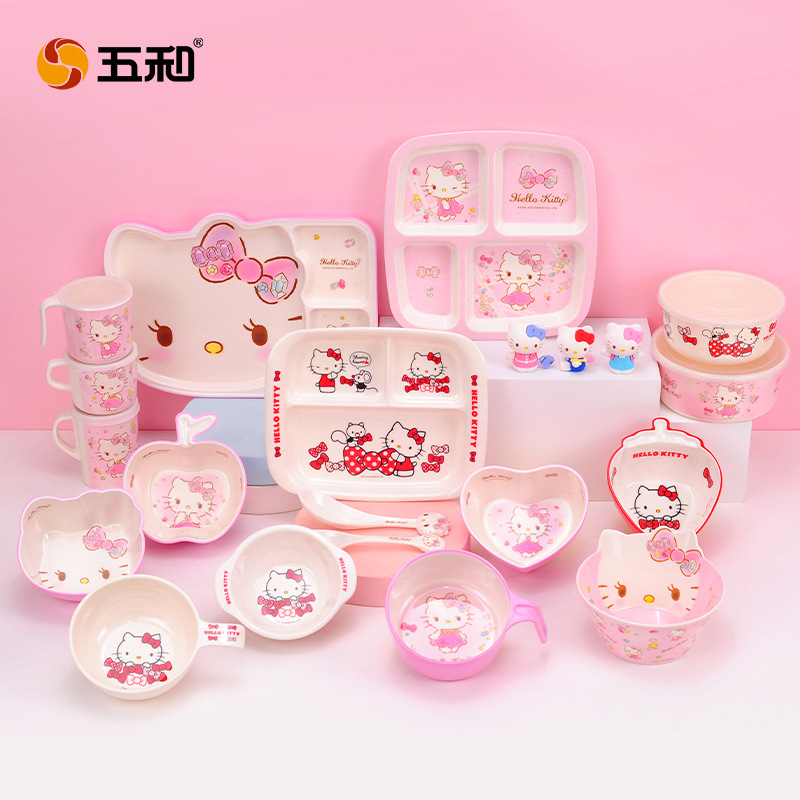 Sanrio Kittie cubiertos infantiles hogar bebés suplemento tazón impermeable a prueba de quemaduras placa dividida en forma de tazón taza de leche