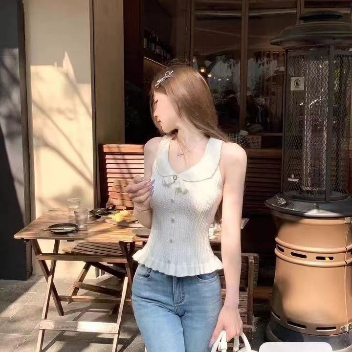 Pure Girl Doll Collar Knitted Vest for Women to Wear Summer Slim Elastic Western Style Short Sleeveless Top