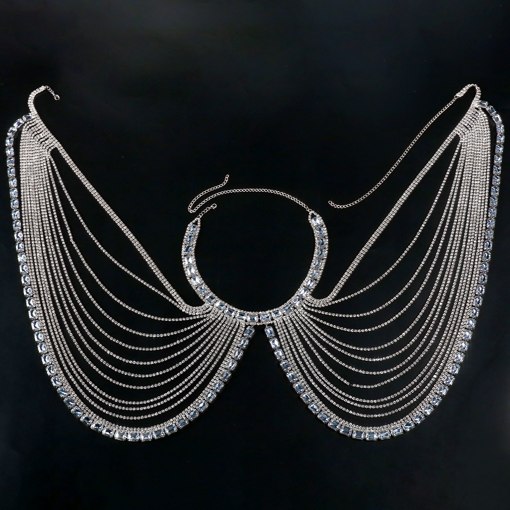 Nueva Cadena de pecho de diamantes de imitación transfronteriza europea y americana sexy multi-capa borla Halter Cadena de pecho accesorios de lujo Cadena de cuerpo
