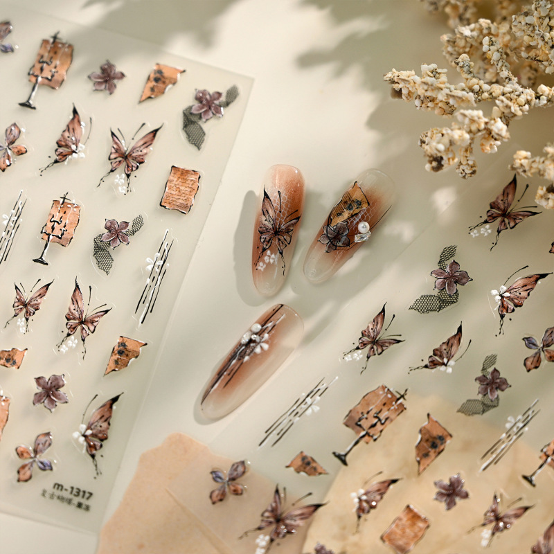 Iron Art Niche Artistic Butterfly Nail Stickers M1317 Vintage Candlestick Old Paper Grid Texture Nail Stickers Iron Art Niche Artistic Butterfly Nail Stickers M1317 Vintage Candlestick Old Paper Grid Texture Nail Stickers