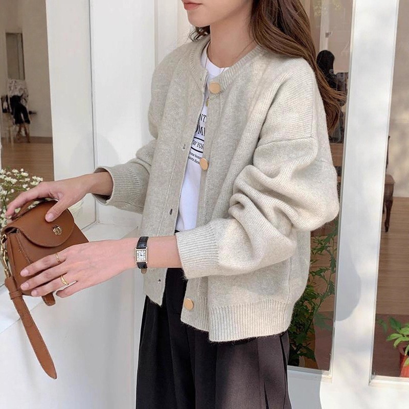 温柔松弛感针织开衫女早春装秋冬季复古纽扣上衣宽松外套毛衣|undefined