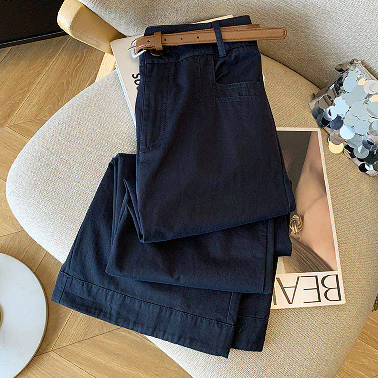 Quần culottes nữ ống rộng cạp cao dáng suông vải mỏng mùa hè — Khaki (không phân phối thắt lưng) chi tiết 5