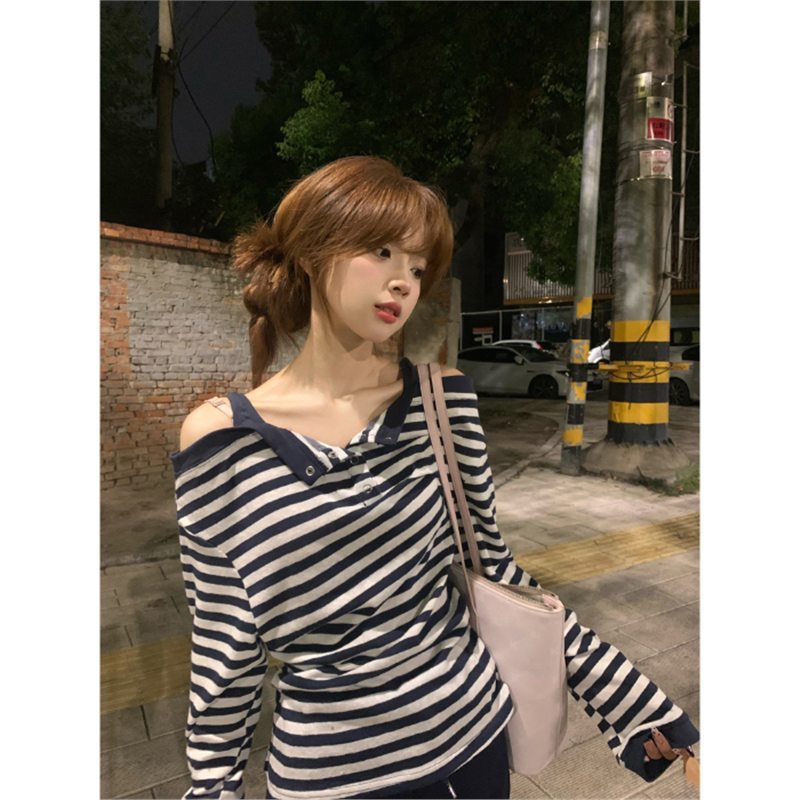原版色织韩系条纹假两件一字肩长袖t恤女秋季宽松慵懒甜辣妹上衣|undefined