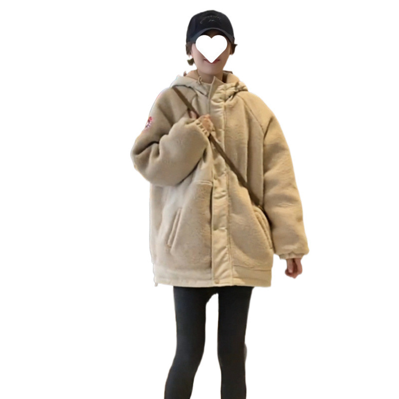 유럽 누빔안감 양모 후드 코트 여성의 2024 가을 겨울 패션 올 매치 루즈 코튼 따뜻한 코튼 패딩 재킷