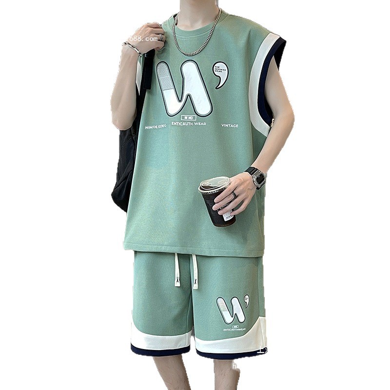 Summer New Men's Sleeveless Sports Leisure suit Hong Kong Style Fashion Trendy Loose Handsome Two-piece Set for Teenagers