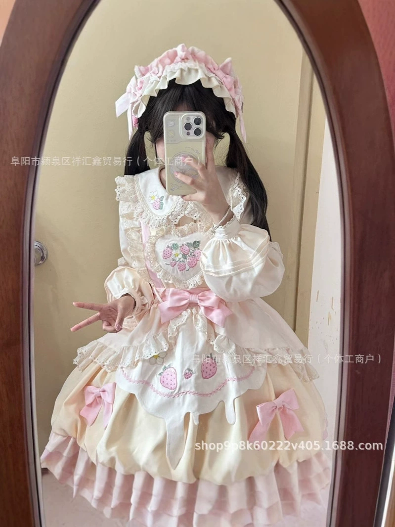 Lolita JSK (Genuine design) cute strawberry print, pastel bows, sizes S–XL